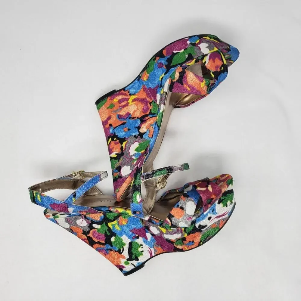 Madden Girl Evonne Mary Jane Watercolor Floral Sandal Wedge Heels 8.5